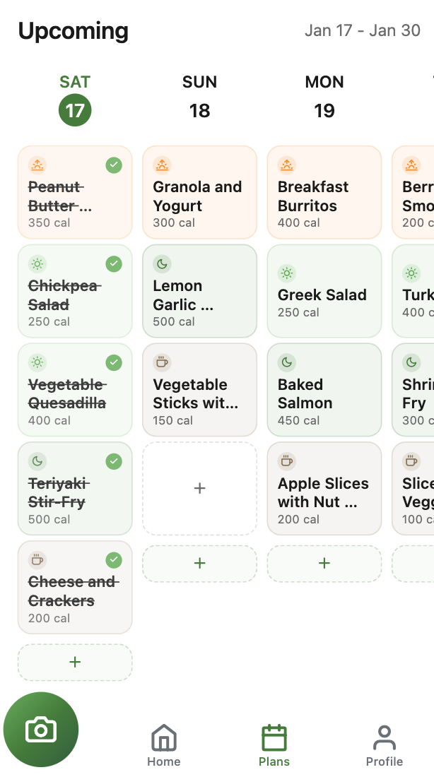 Weekly meal planning calendar