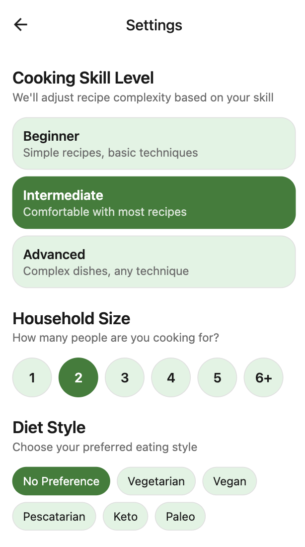 Personalized cooking settings