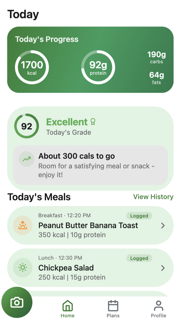 FoodPrep.ai daily tracking dashboard showing calorie and macro progress